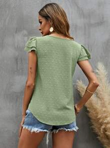 SHEIN LUNE Swiss Dot Textured Butterfly Sleeve Blouse - Lime Green - View 2