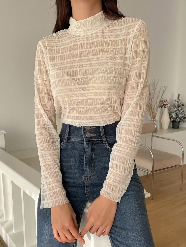 Mock Neck Textured Blouse Without Bra