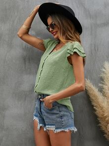 SHEIN LUNE Swiss Dot Textured Butterfly Sleeve Blouse - Lime Green - View 5