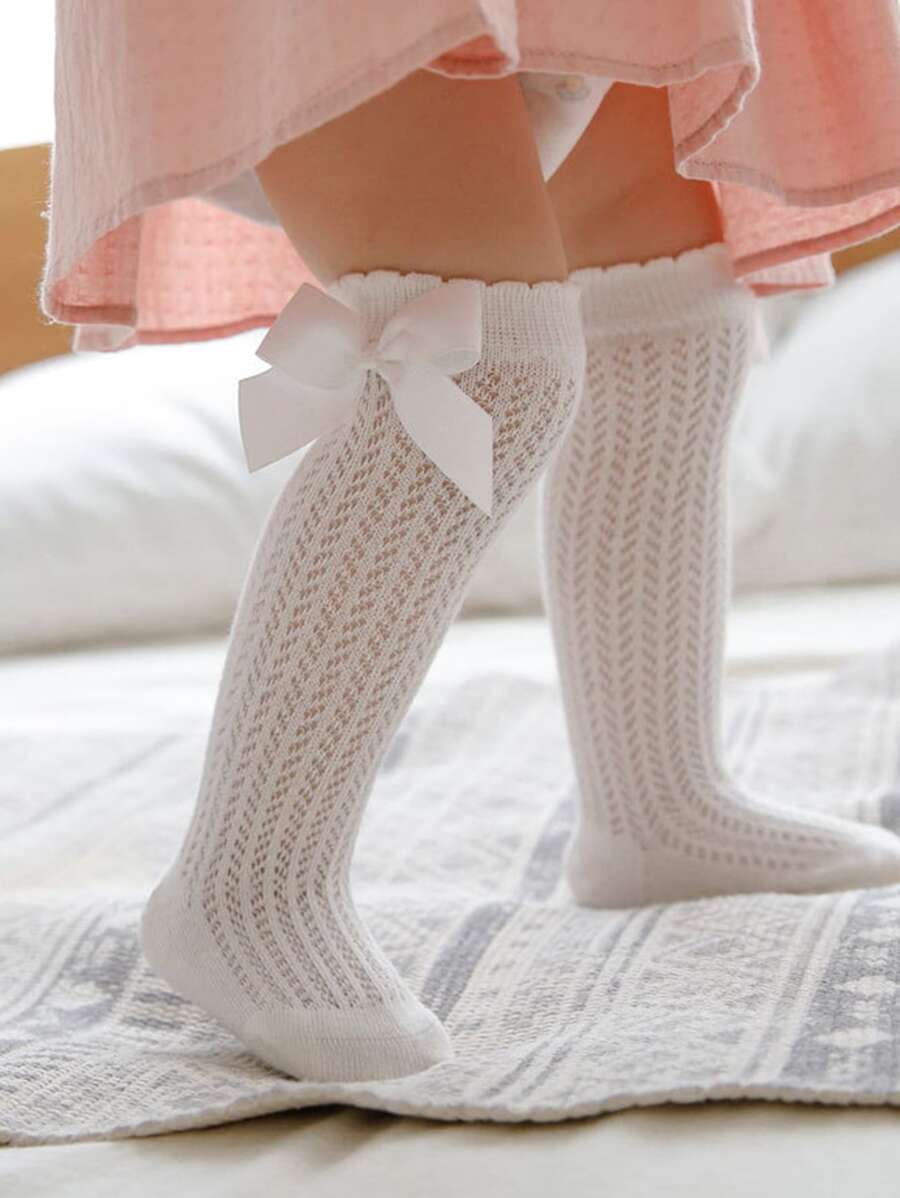 1只嬰兒網眼蝴蝶結過膝襪,防蚊夏季襪子 - 白色 - 查看 1