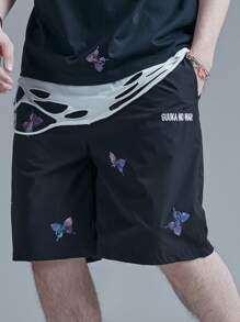 Men Reflective Butterfly Print Slant Pocket Shorts - Black - View 3