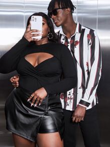 Slaydiva Quần short cỡ lớn - Dự tiệc gợi cảm - Quần da PU dệt kim co giãn khoét lỗ - màu đen - Xem 7