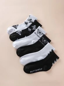 6pairs Butterfly Pattern Crew Socks, Fall - Black and White - View 1