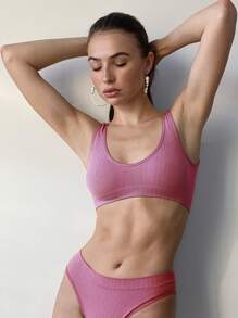 FINETOO Seamless Solid Ribbed Knit Bra & Panty Set - Pink - View 4