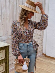 SHEIN Clasi Áo sơ mi nữ Thắt nút Trọn gói Họa tiết hoa Boho - Nhiều màu - Xem 5