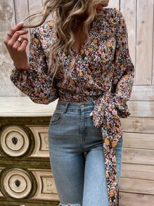 SHEIN Clasi Áo sơ mi nữ Thắt nút Trọn gói Họa tiết hoa Boho - Nhiều màu - Xem 7