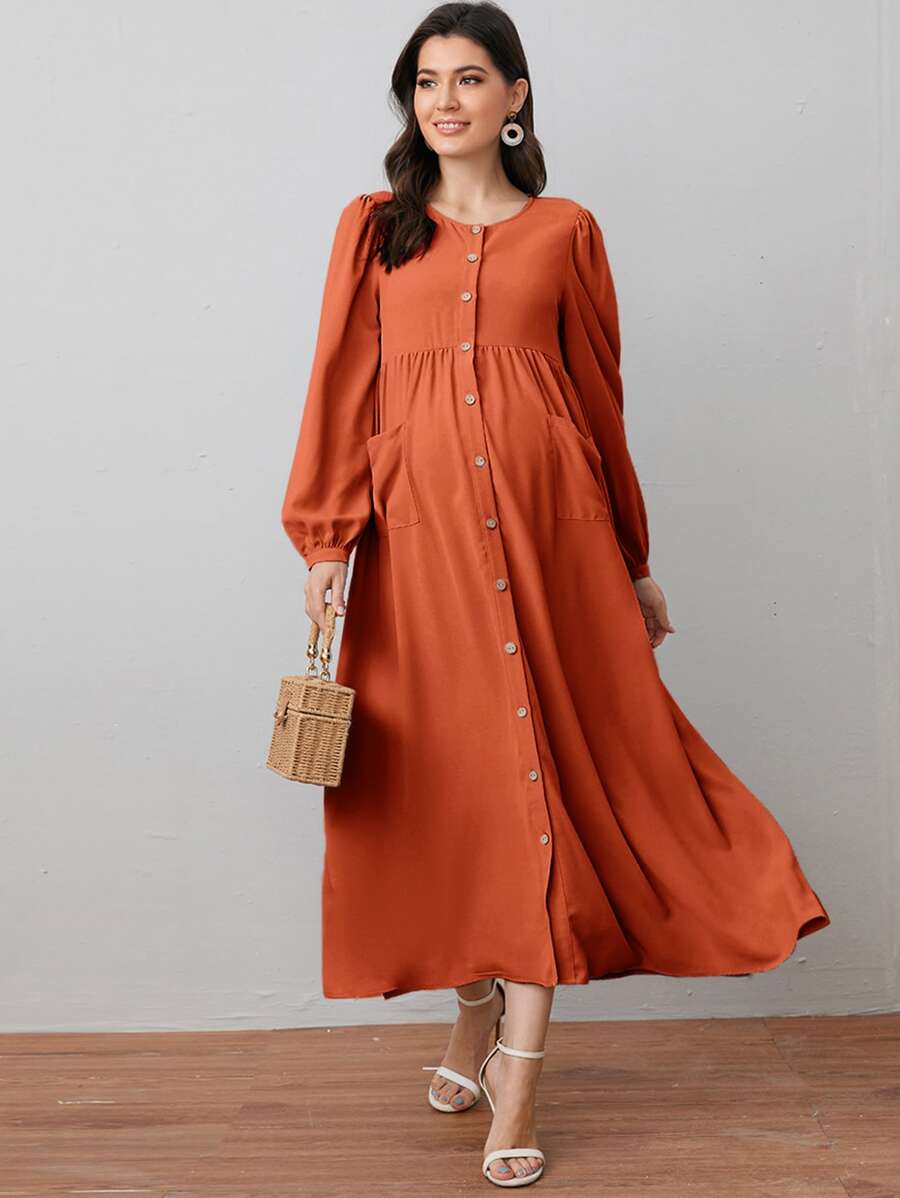 SHEIN Maternity Lantern Sleeve Patch Pocket Button Front Dress - Burnt Orange - View 1