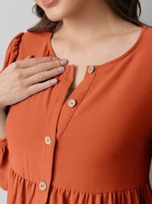 SHEIN Maternity Lantern Sleeve Patch Pocket Button Front Dress - Burnt Orange - View 3