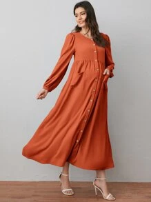 SHEIN Maternity Lantern Sleeve Patch Pocket Button Front Dress - Burnt Orange - View 4