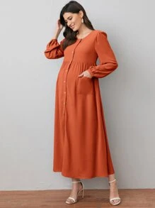 SHEIN Maternity Lantern Sleeve Patch Pocket Button Front Dress - Burnt Orange - View 5