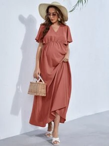 SHEIN 孕婦V領蝴蝶袖連衣裙 - 藕粉色 - 查看 1