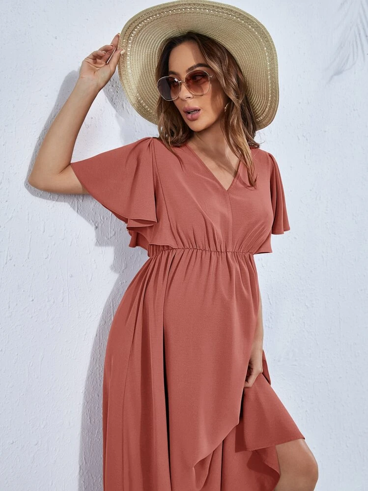 SHEIN Maternidad Vestido de cuello V de manga mariposa - Rosa vieja - Añade 3