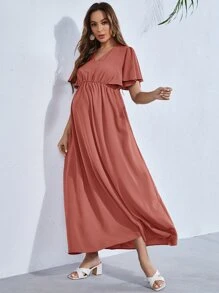 SHEIN 孕婦V領蝴蝶袖連衣裙 - 藕粉色 - 查看 5