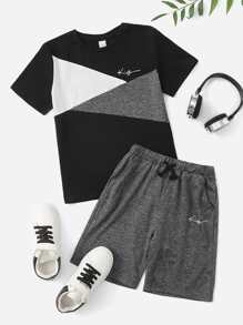 SHEIN Boys Letter Graphic Tee & Track Shorts Set - Multicolor - View 1