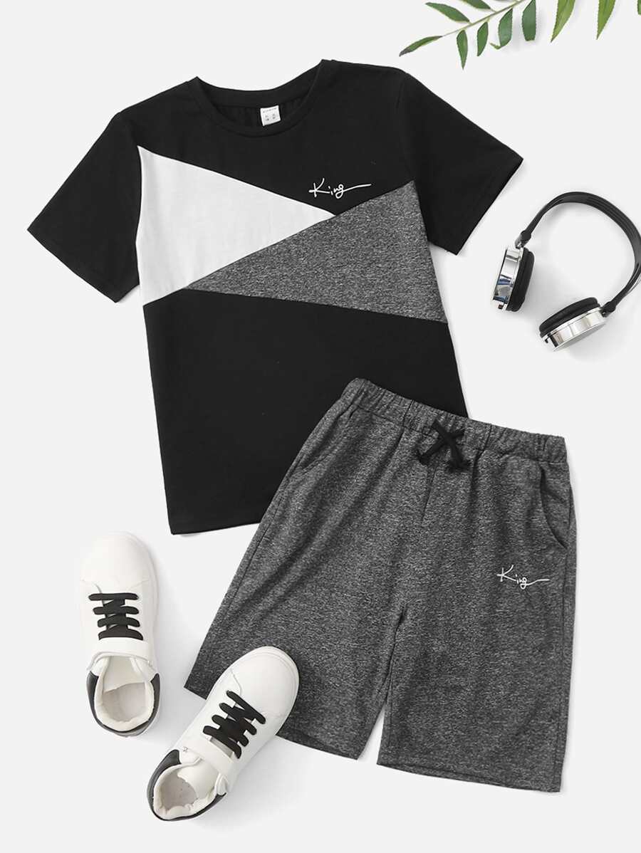SHEIN Boys Letter Graphic Tee & Track Shorts Set - Multicolor - View 1