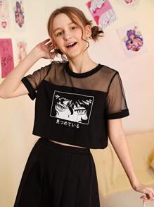 SHEIN 青少年女孩卡通和日語字母圖案透視網紗肩部T恤 - 黑色 - 查看 1