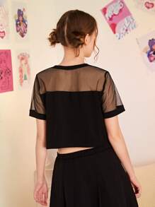 SHEIN 青少年女孩卡通和日語字母圖案透視網紗肩部T恤 - 黑色 - 查看 2