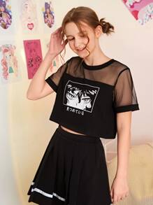 SHEIN 青少年女孩卡通和日語字母圖案透視網紗肩部T恤 - 黑色 - 查看 3
