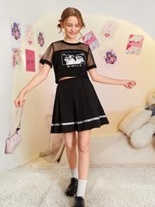 SHEIN 青少年女孩卡通和日語字母圖案透視網紗肩部T恤 - 黑色 - 查看 4