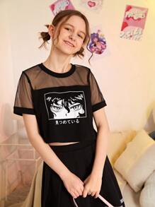 SHEIN 青少年女孩卡通和日語字母圖案透視網紗肩部T恤 - 黑色 - 查看 5