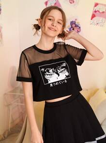 SHEIN 青少年女孩卡通和日語字母圖案透視網紗肩部T恤 - 黑色 - 查看 6