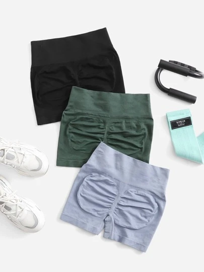 Easithlete 3pcs Softness Breathable Ruched Sports Shorts Stretchy ShortsWomen Sweat Short, Gym Short, Biker Short