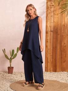 EMERY ROSE 無袖前短後長上衣和闊腿褲 - 藏蓝色 - 查看 3
