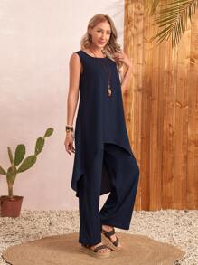 EMERY ROSE 無袖前短後長上衣和闊腿褲 - 藏蓝色 - 查看 4