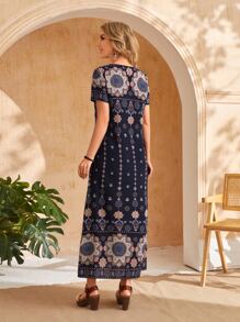 EMERY ROSE 花卉和幾何圖案前繫帶直筒連衣裙 - 彩色 - 查看 2