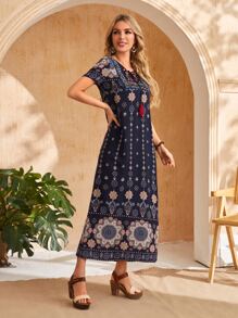 EMERY ROSE 花卉和幾何圖案前繫帶直筒連衣裙 - 彩色 - 查看 4