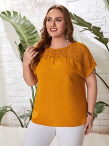 EMERY ROSE Áo sơ mi Plus Size Tương phản ren màu trơn Giải trí - Màu Mù tạt vàng - Xem 3