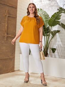 EMERY ROSE Áo sơ mi Plus Size Tương phản ren màu trơn Giải trí - Màu Mù tạt vàng - Xem 4