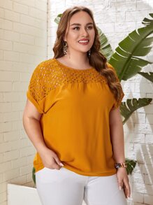 EMERY ROSE Áo sơ mi Plus Size Tương phản ren màu trơn Giải trí - Màu Mù tạt vàng - Xem 5