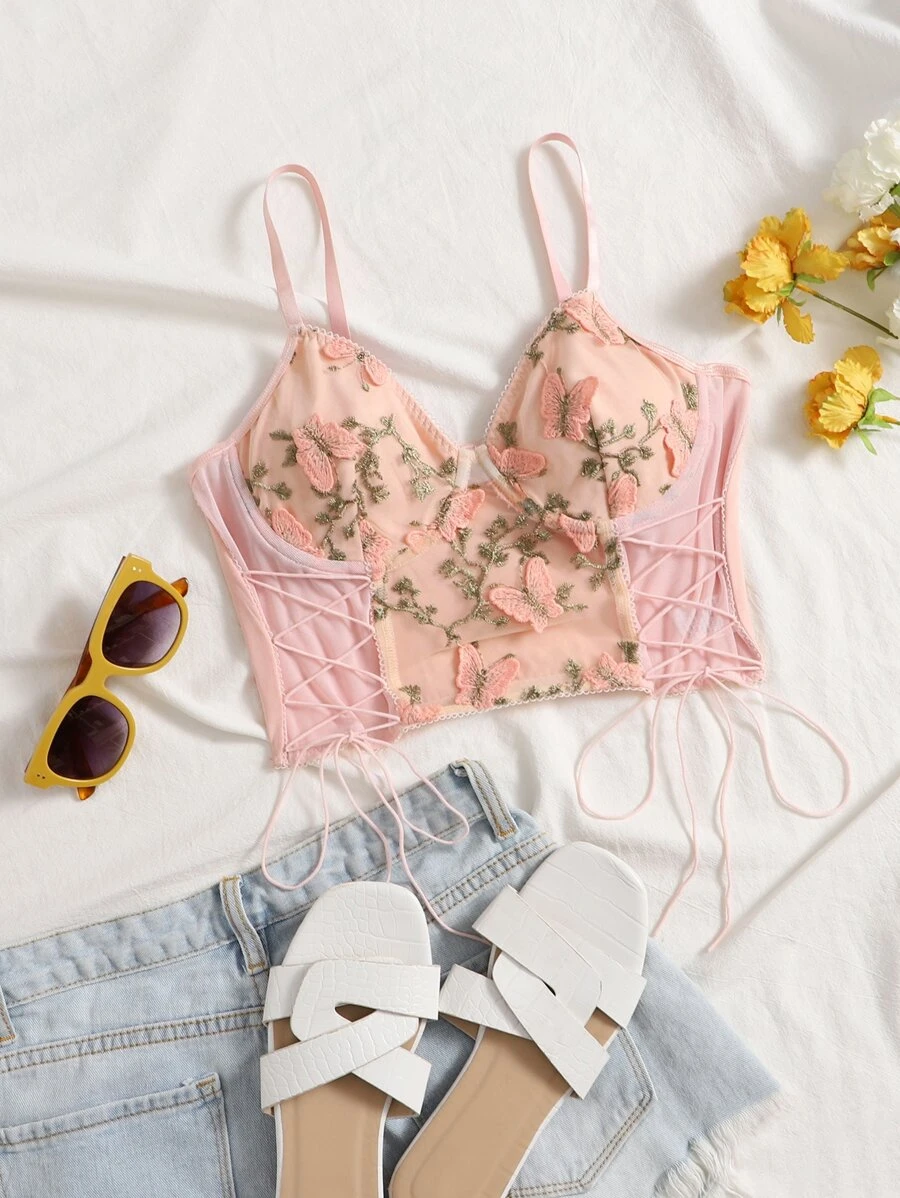 Muchica Top de tirantes con bordado con diseño aplique - Rosa Pálido - Ver 1