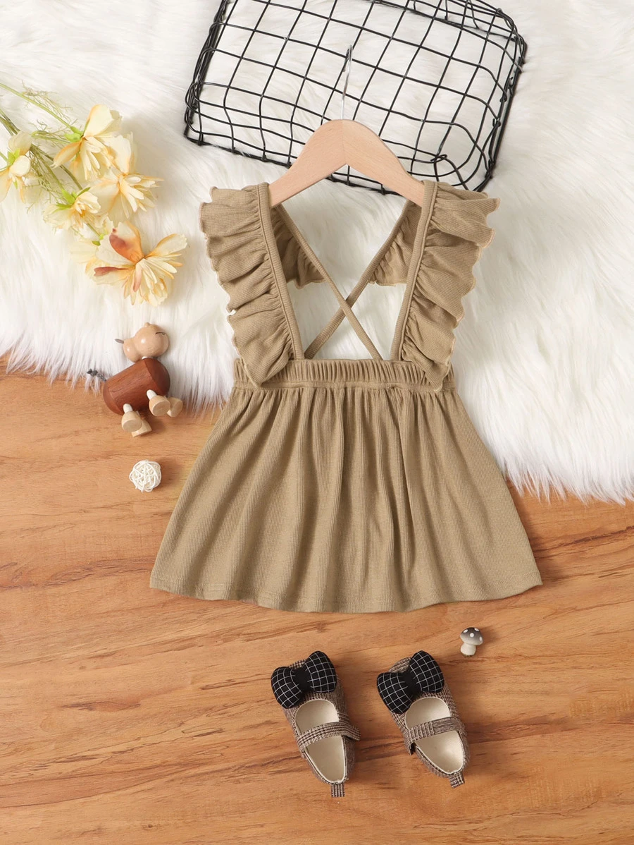SHEIN Baby Ruffle Armhole Crisscross Backless Pinafore Dress - Khaki - View 1