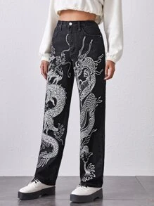 Quần jean Nút Thú vật Giải trí - Đen và trắng - Xem 3