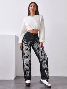 Quần jean Nút Thú vật Giải trí - Đen và trắng - Xem 4