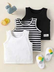 Baby 3pcs Striped Slogan Patched Detail Tank Top - Black and White - View 1