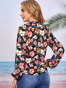 SHEIN Blusa con estampado floral de cuello con cordón - Multicolor - Ver 2