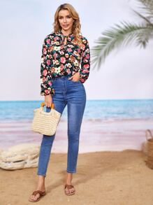 SHEIN Blusa con estampado floral de cuello con cordón - Multicolor - Ver 6