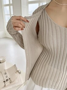 DAZY 纯色纽扣前开衫搭配针织上衣，秋季女装 - 米色 - 查看 3