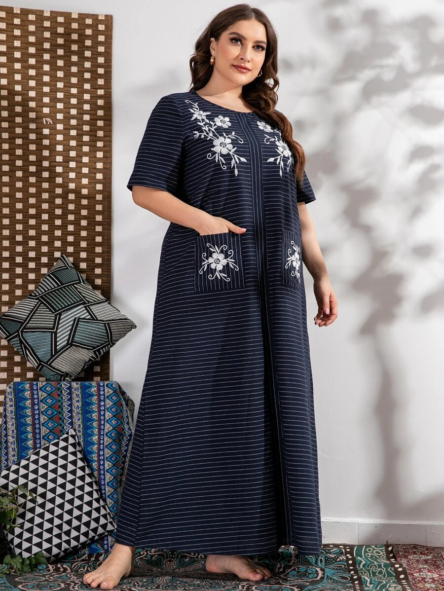 Plus Striped Floral Print Dual Pocket Tunic Dress - Navy Blue - View 1