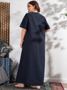 Plus Striped Floral Print Dual Pocket Tunic Dress - Navy Blue - View 2