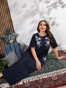 Plus Striped Floral Print Dual Pocket Tunic Dress - Navy Blue - View 4