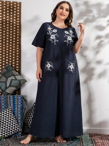 Plus Striped Floral Print Dual Pocket Tunic Dress - Navy Blue - View 5