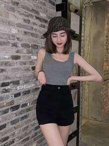 High Waist Solid Color Skinny Denim Shorts, Gyaru Fashion, Spring/Summer - Black - View 5