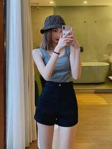 High Waist Solid Color Skinny Denim Shorts, Gyaru Fashion, Spring/Summer - Black - View 6