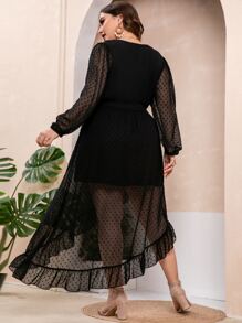 Modelyn Plus Swiss Dot Lantern Sleeve Ruffle Wrap Hem Belted Dress - Black - View 2