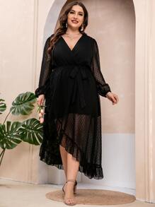 Modelyn Plus Swiss Dot Lantern Sleeve Ruffle Wrap Hem Belted Dress - Black - View 4