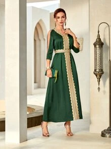 Al Najma Floral Embroidery Chain Detail Modest Dress - Dark Green - View 1